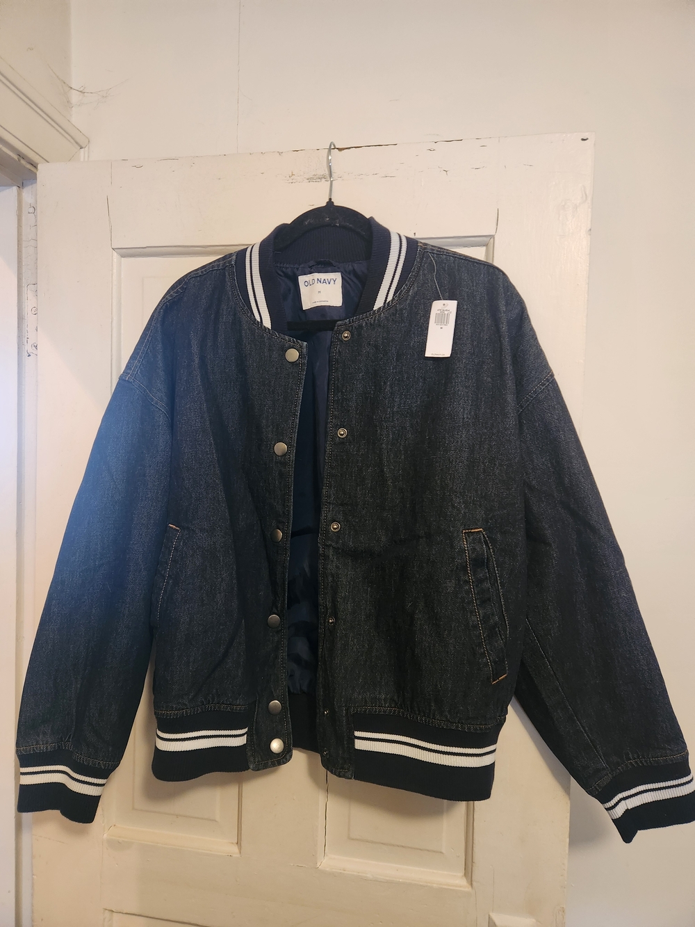 Old Navy Women's Navy Denim Bomber Jacket with Stripe Trim